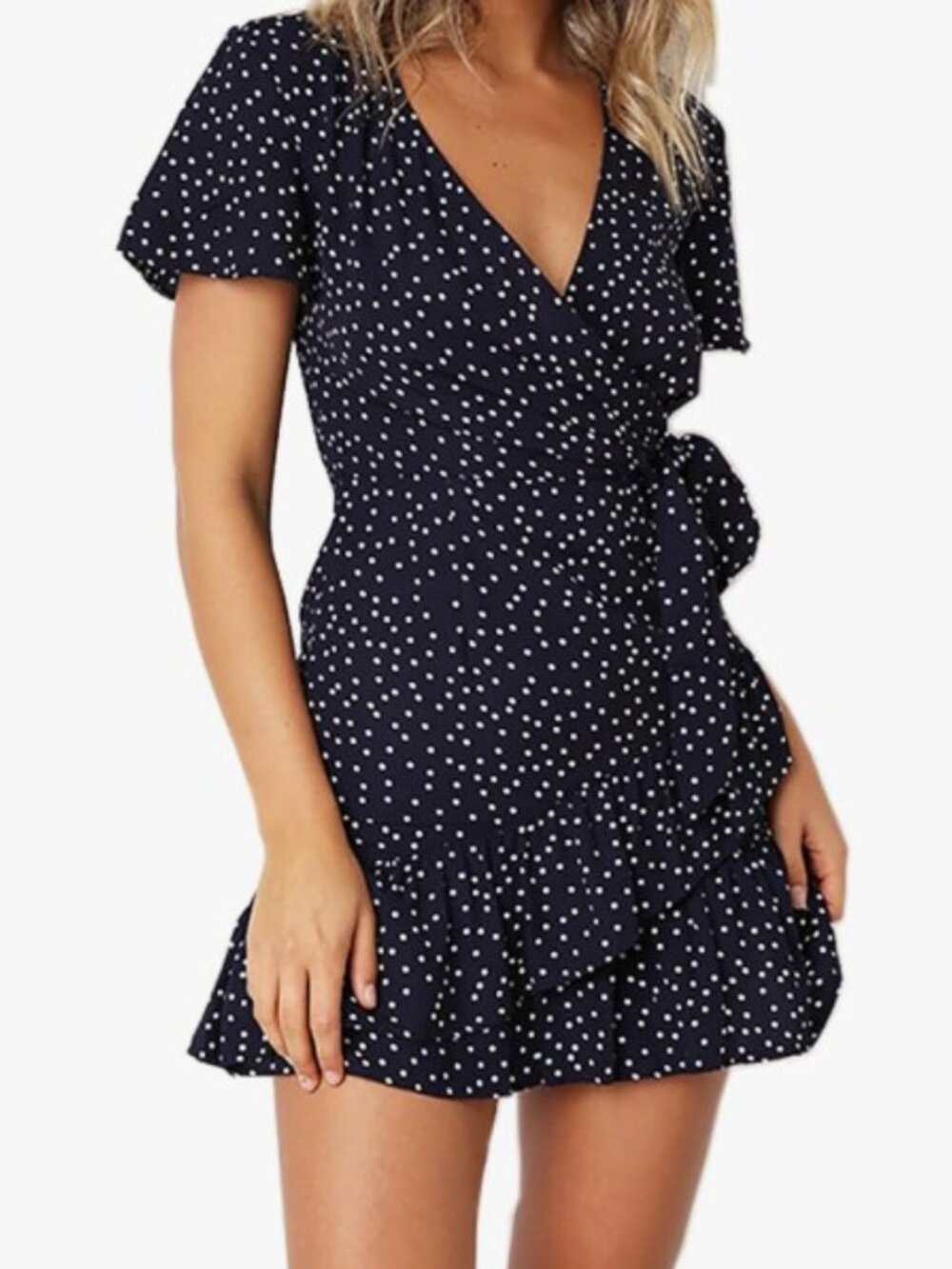 Navy Blue Polka Dot Mini Dress | V-Neck Short Sleeve | Size Small